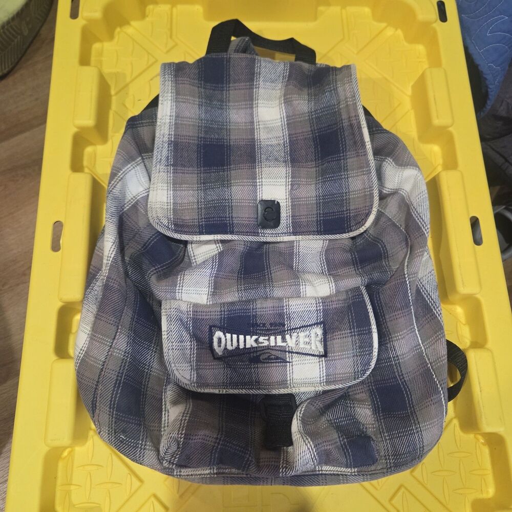 Vintage Quiksilver Plaid Backpack Blue Gray Drawstring Flap School Bag Y2K